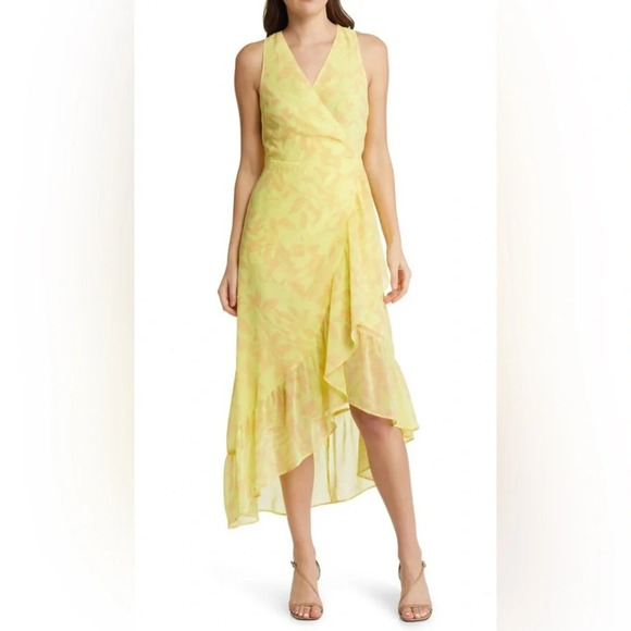 Chelsea28 Floral Print Asymmetric Faux Wrap Yellow Dress - Picture 1 of 5